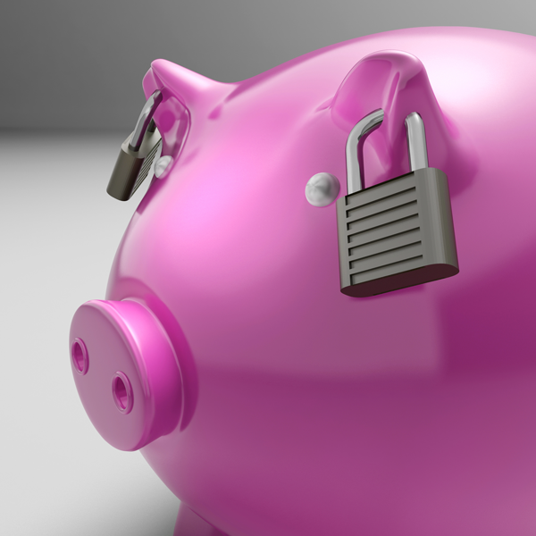 piggybank with locked ears shows savings safety MkG0BQDd